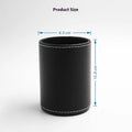 Round black leather pen holder container showing 8.0cm diameter and 10.8cm height dimensions