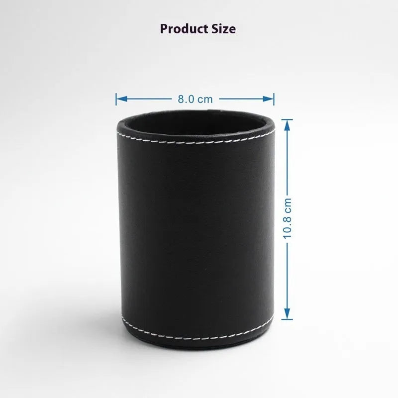 Round black leather pen holder container showing 8.0cm diameter and 10.8cm height dimensions