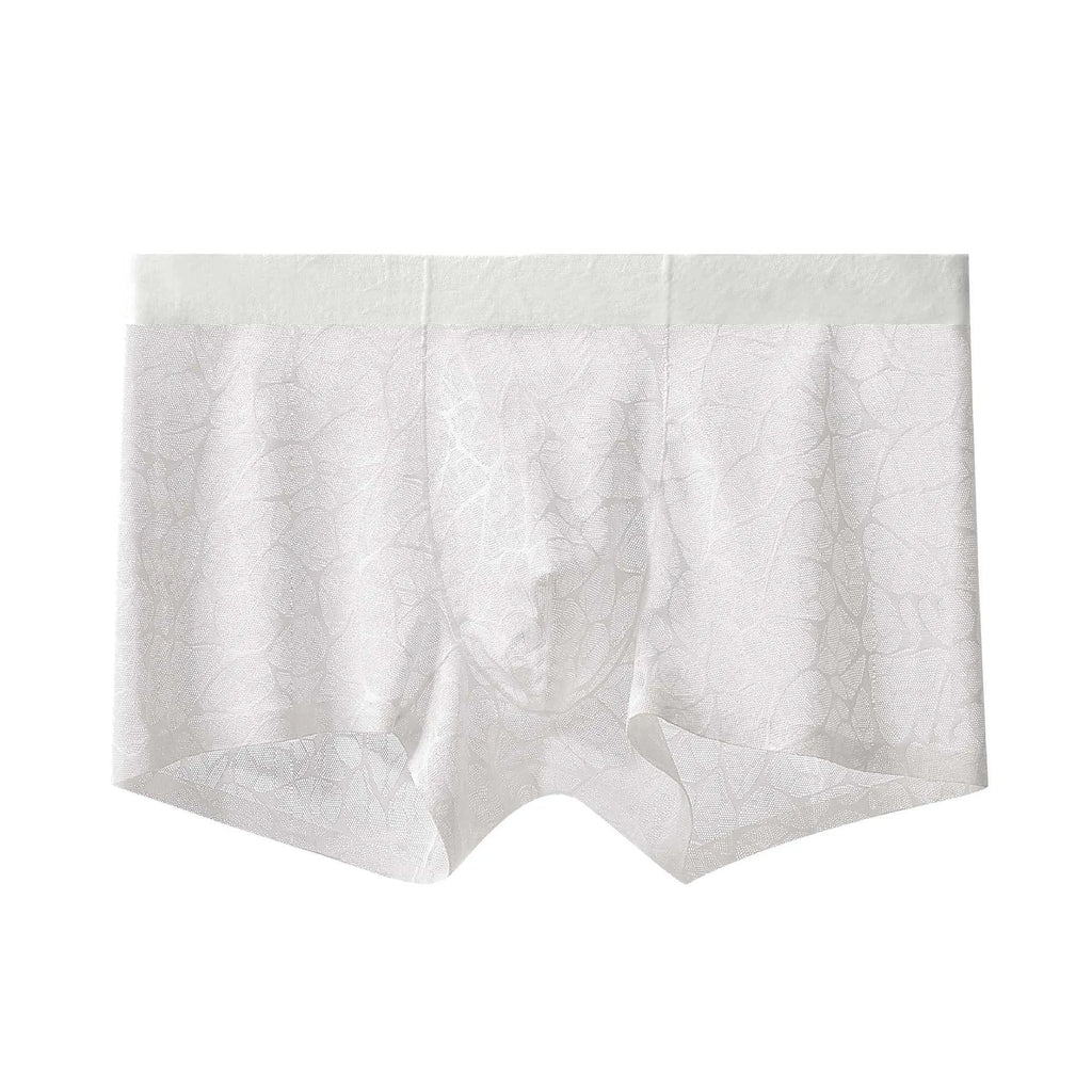 Thin lace leopard jacquard men's underwear in nylon, middle waist, showing lace trim and pattern