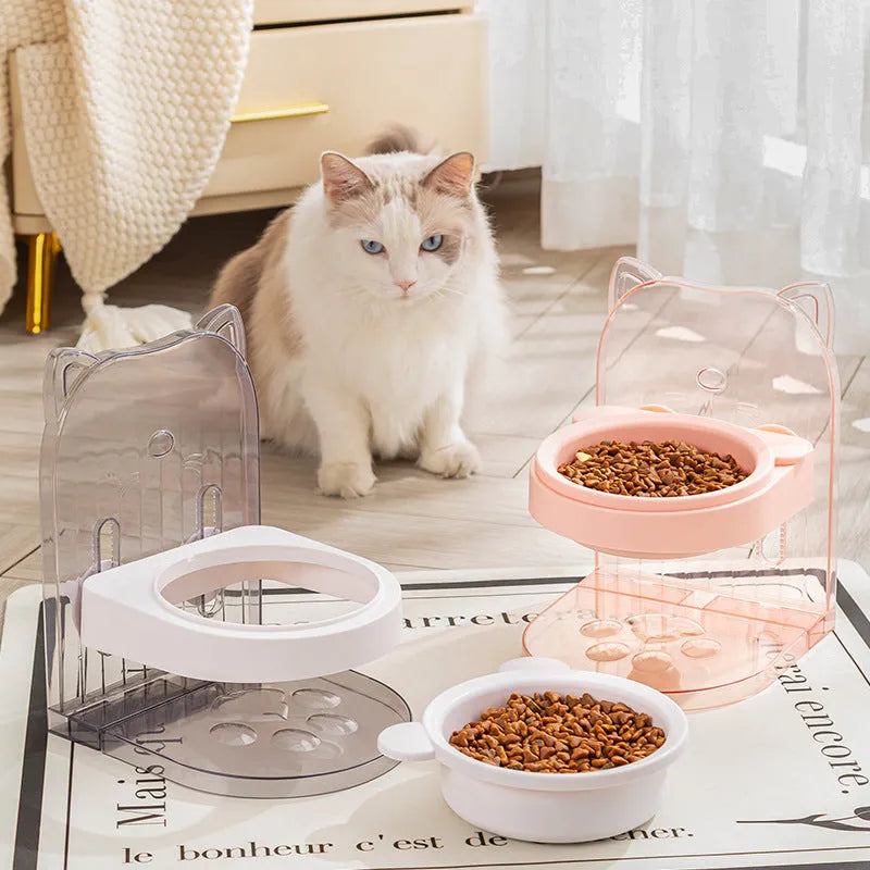 Adjustable height cat feeding bowl with anti-spill collar and neck protection design