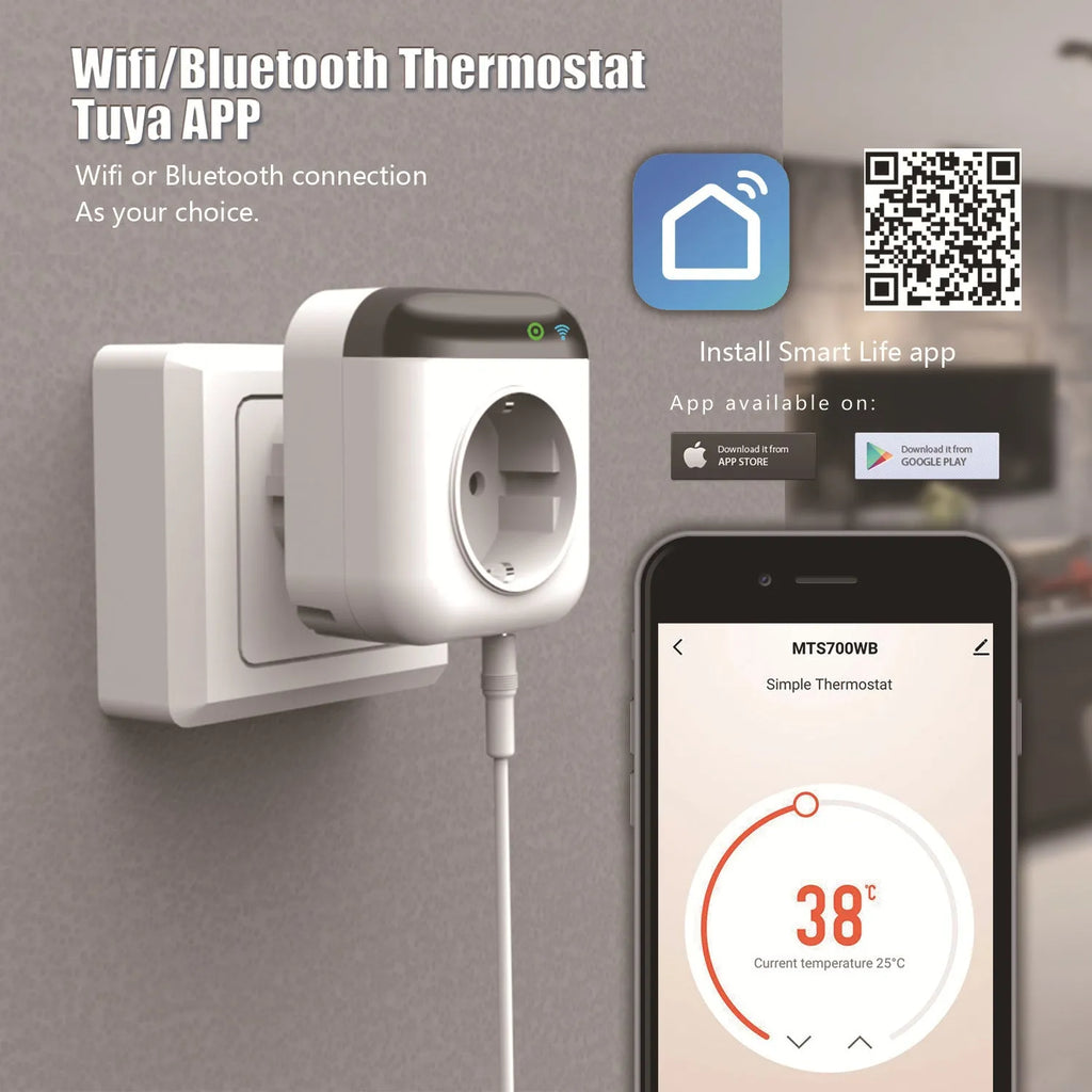 White Tuya smart WiFi temperature control switch socket with a separate temperature sensor probe.