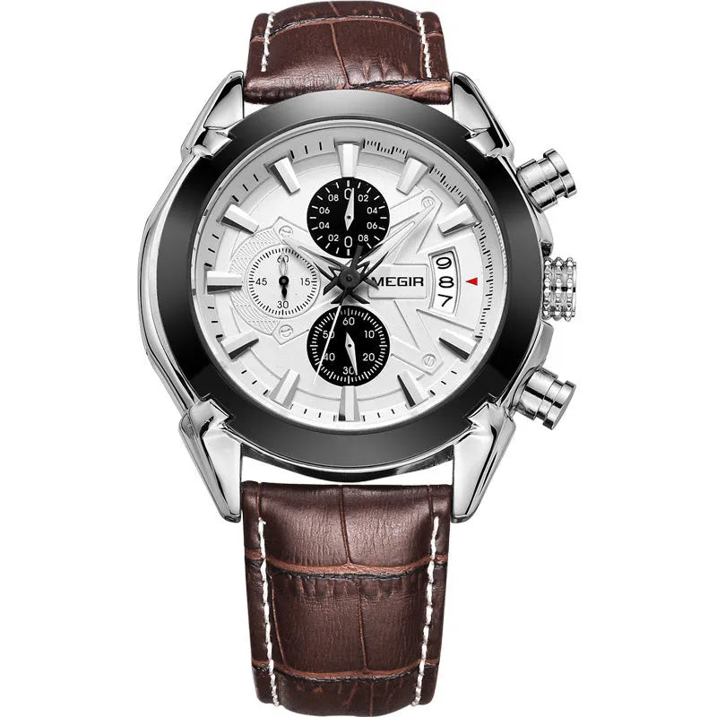 Men's three eyes chronograph watch with quartz movement, waterproof and luminous features in brown or black