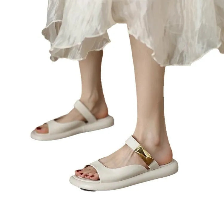 Women's apricot peep toe flat platform sandals with French leather and rubber soles