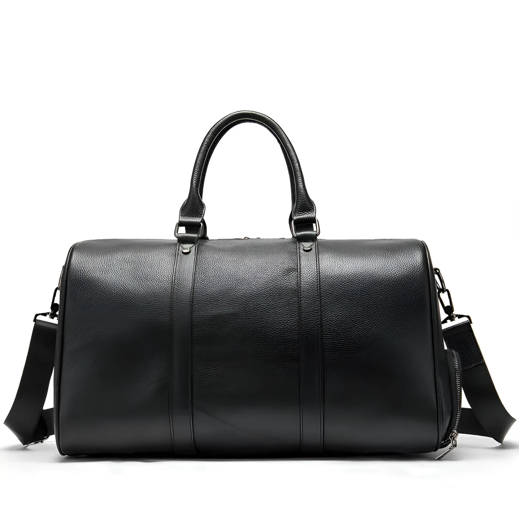 Men's leather excursion tote bag in black or coffee colour with single shoulder strap
