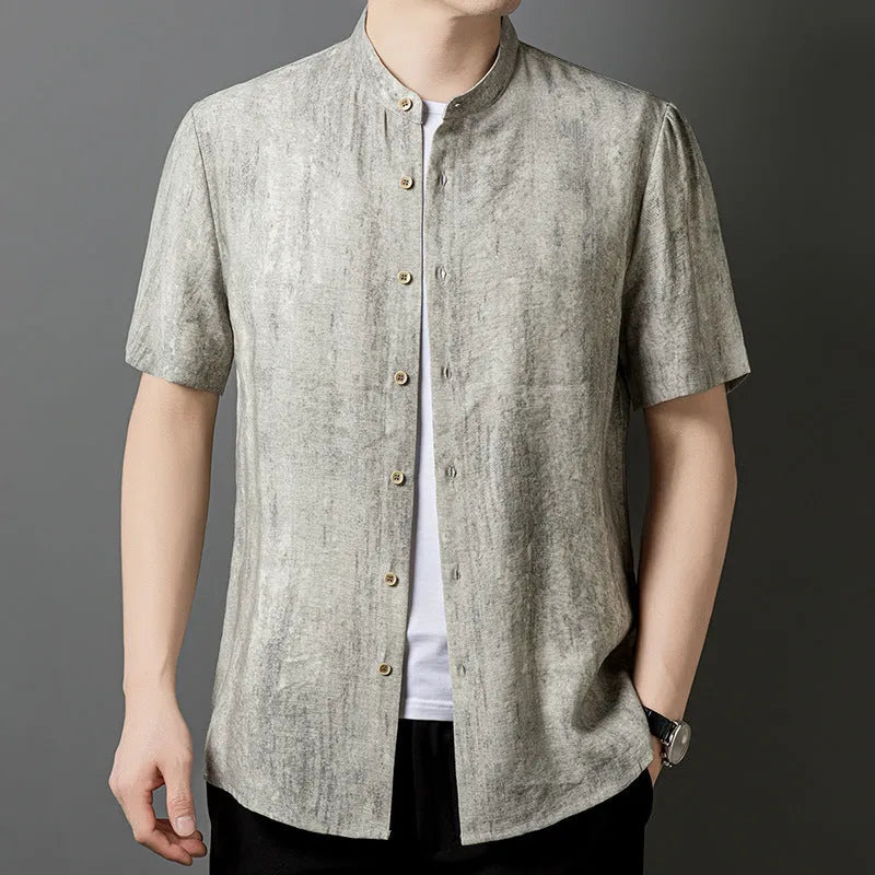 Men's loose linen-style cardigan shirt in chemical fibre blend fabric