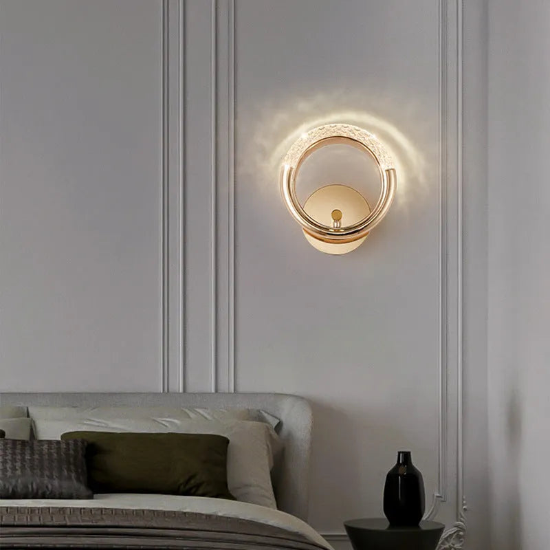 Minimalist acrylic wall lamp with three colour light modes mounted in modern bedroom