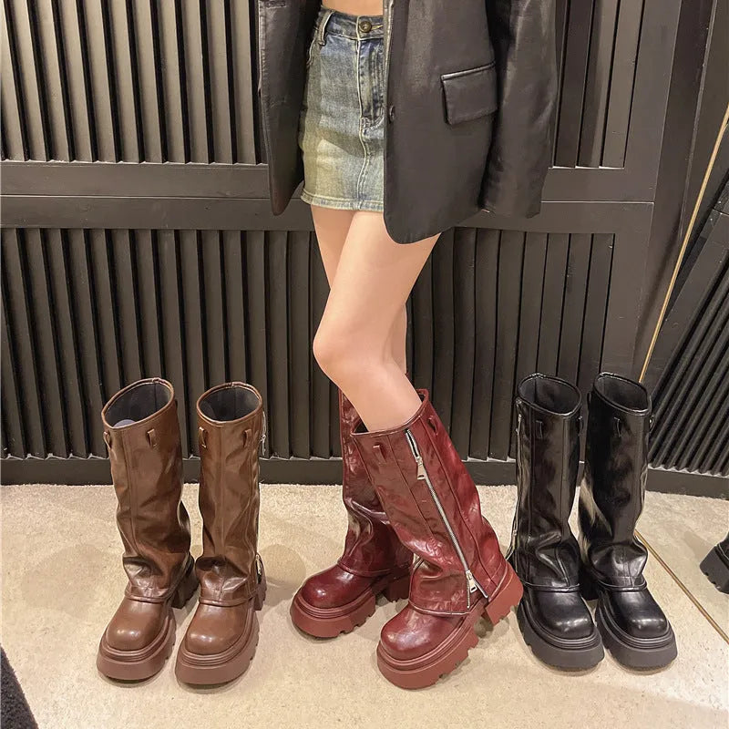 Platform Martin boots with square rubber heel in black, brown or wine red synthetic PU leather