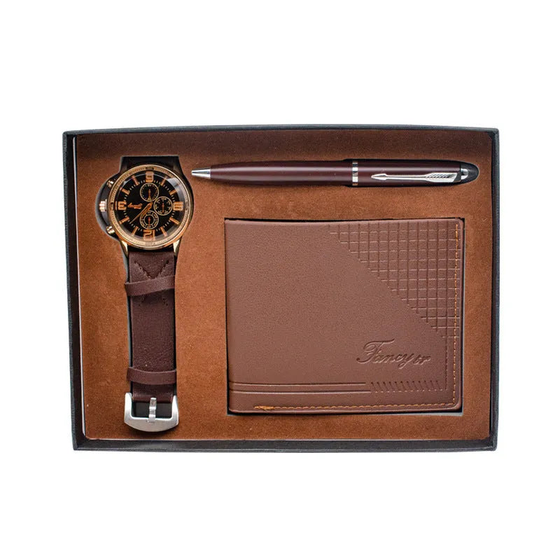 Creative holiday gift wallet pen watch set four-piece business promotional gifts black and brown options