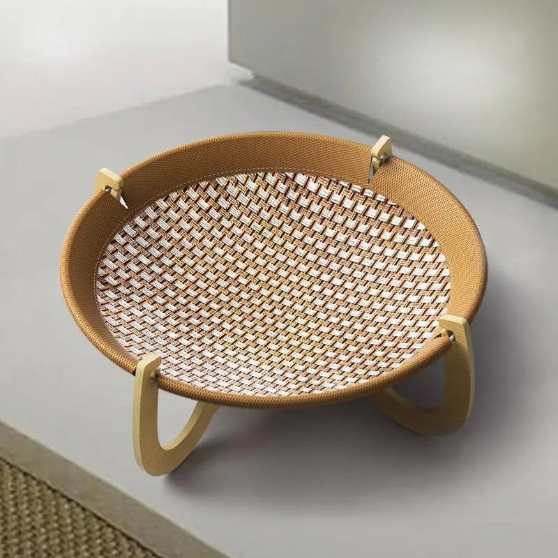 Brown woven rattan pet hammock bed for cats and small dogs, measuring 46cm square.