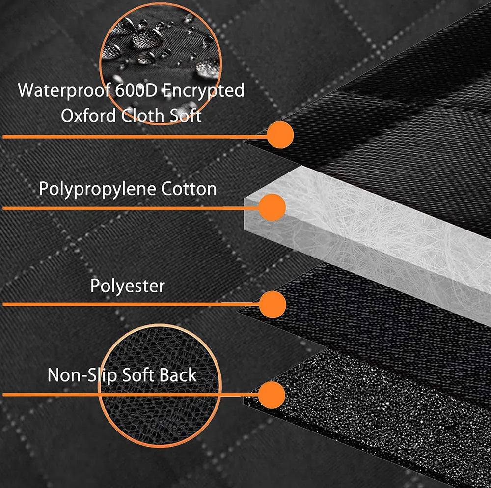 Black and orange edge waterproof dog car seat cover with mesh window and storage pocket on a car rear seat.