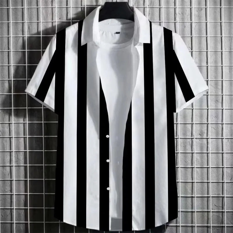 Men's striped linen T-shirt with 3D printing design, short sleeves, multiple colour options