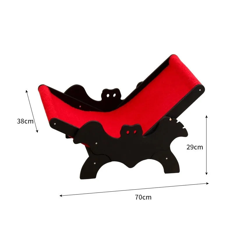 Solid wooden cat lounge chair with bat-wing Halloween design in black and red colours