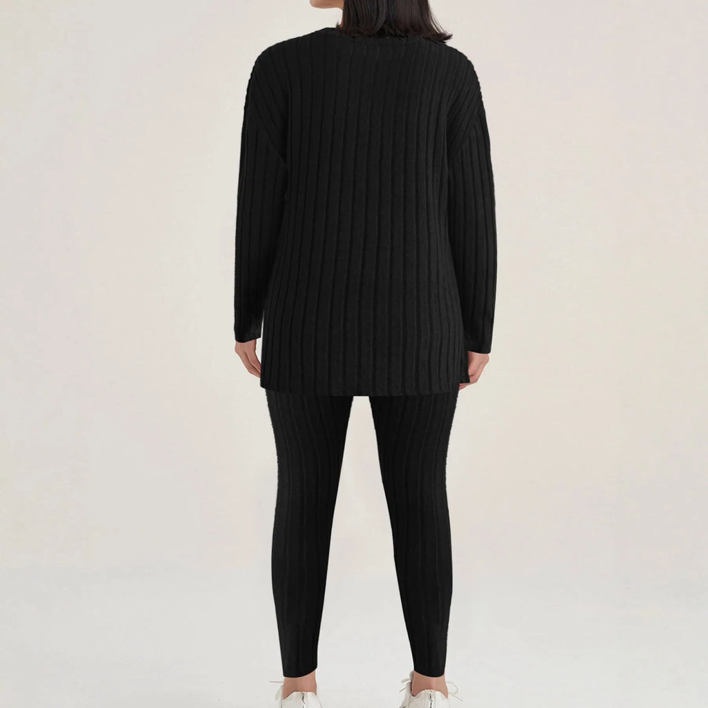 Sunken stripe black and blue polyester two-piece homewear set with regular sleeves