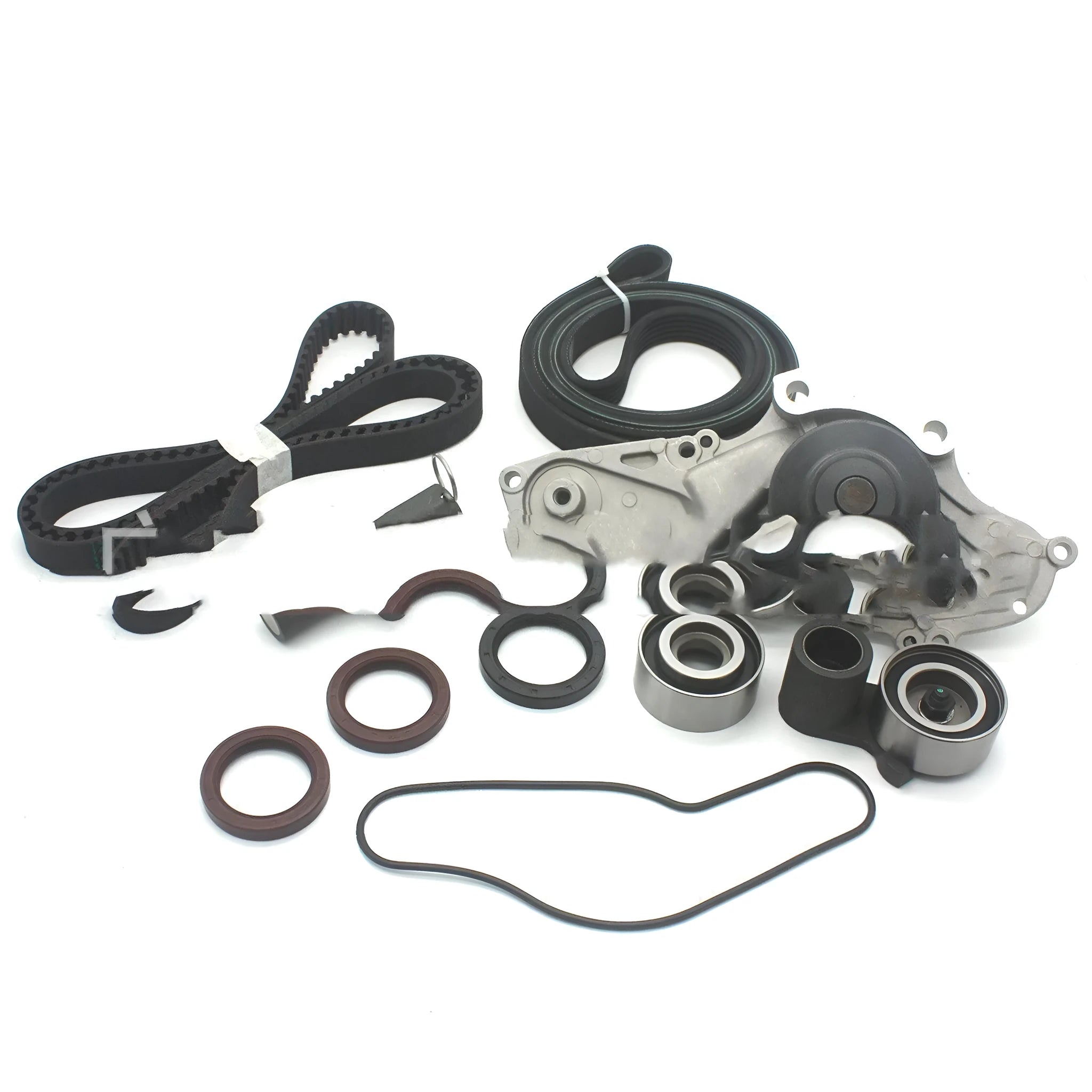 Metal belt and water pump assembly kit for automotive cooling systems measuring 28×18×16 cm