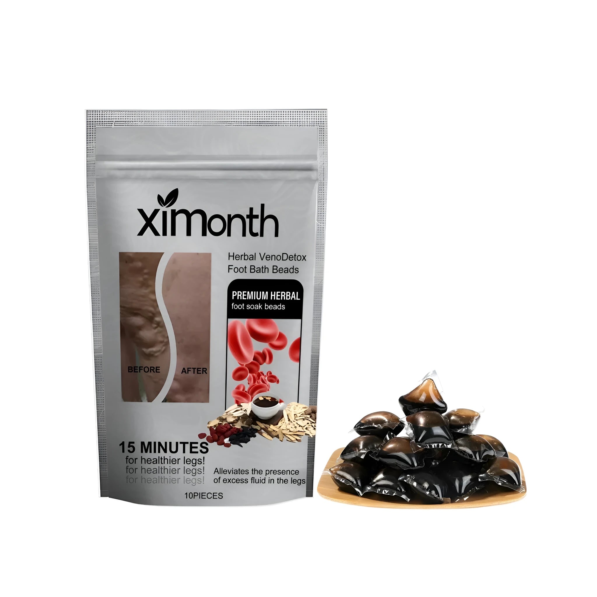 Pack of ten condensed herbal foot soak gel beads containing mugwort, bee venom, and aloe.