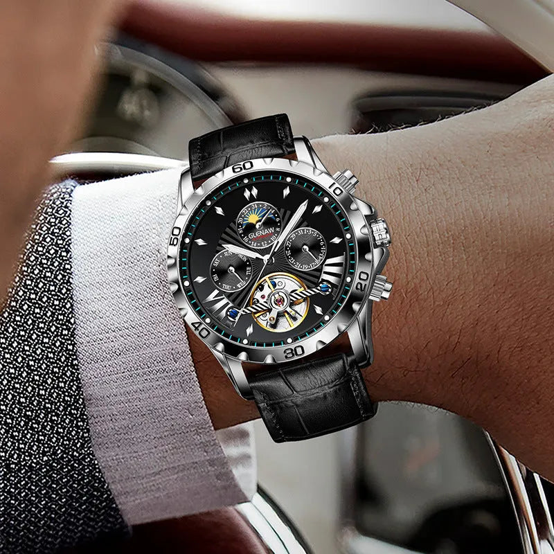 Men's automatic mechanical watch with hollowed-out skeleton dial, silver case, green circle, black leather strap