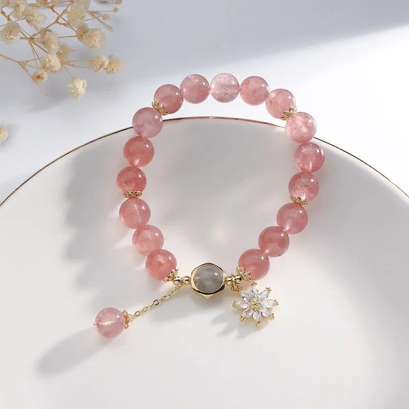 Strawberry quartz crystal bracelet with electroplated floral elements in Mori style