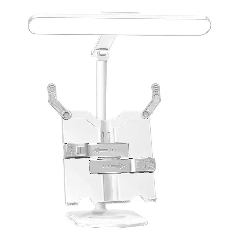 Adjustable multifunctional table lamp with a reading light on a bookshelf, showing dual power and colour temperature controls.