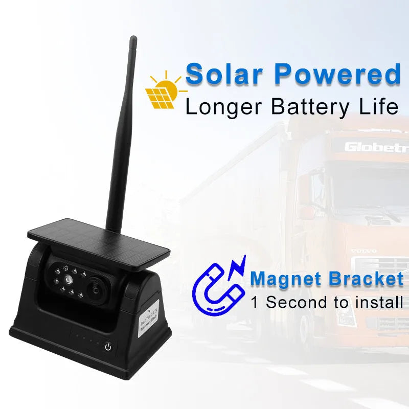 Solar-powered wireless reversing camera with magnetic mount, shown in black.
