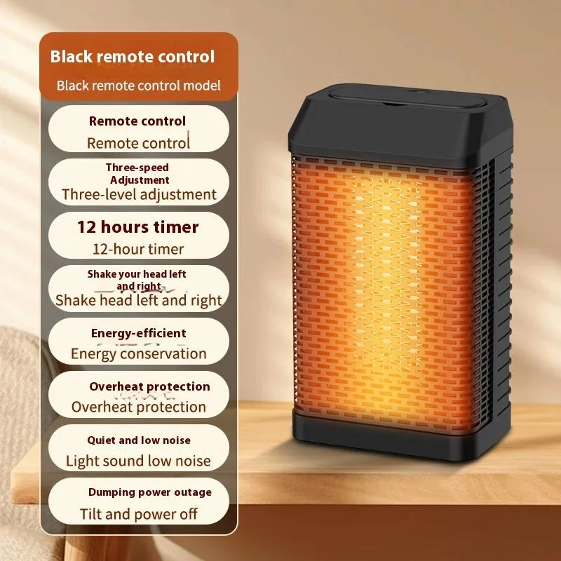 Black remote control desktop heater with oscillating louvres on a wooden desk.