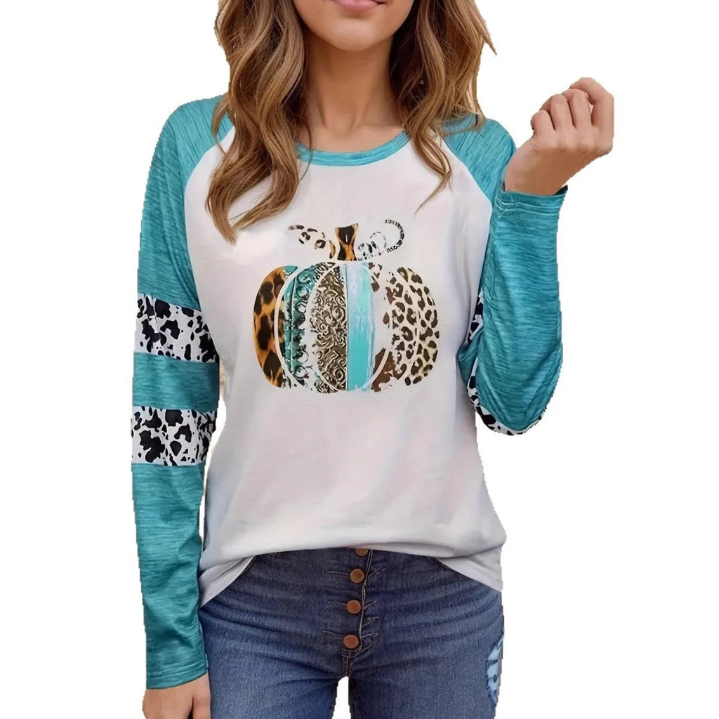 Sky blue Halloween T-shirt with 3D digital printed pumpkin design, long sleeves, regular fit