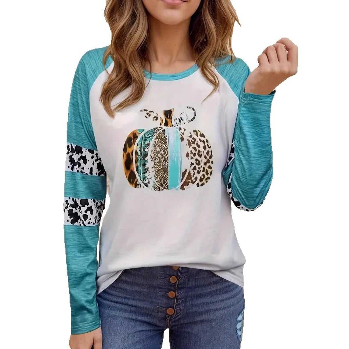 Sky blue Halloween T-shirt with 3D digital printed pumpkin design, long sleeves, regular fit