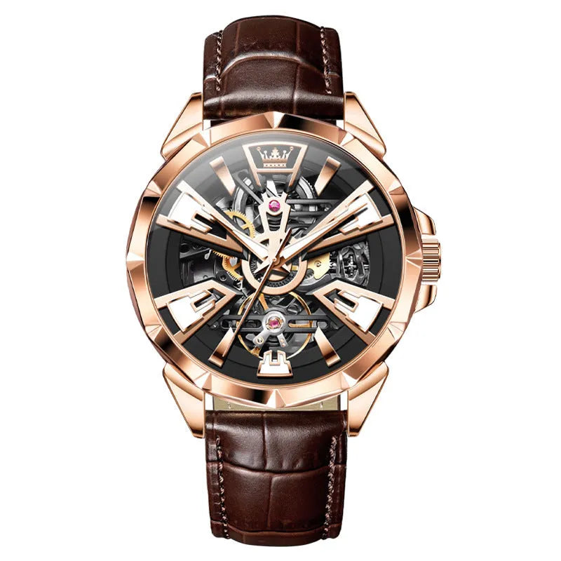 Men's automatic mechanical watch with hollow dial design and brown leather strap