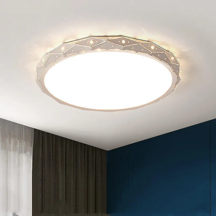 Round LED ceiling light with iron frame shown in black and white finish options
