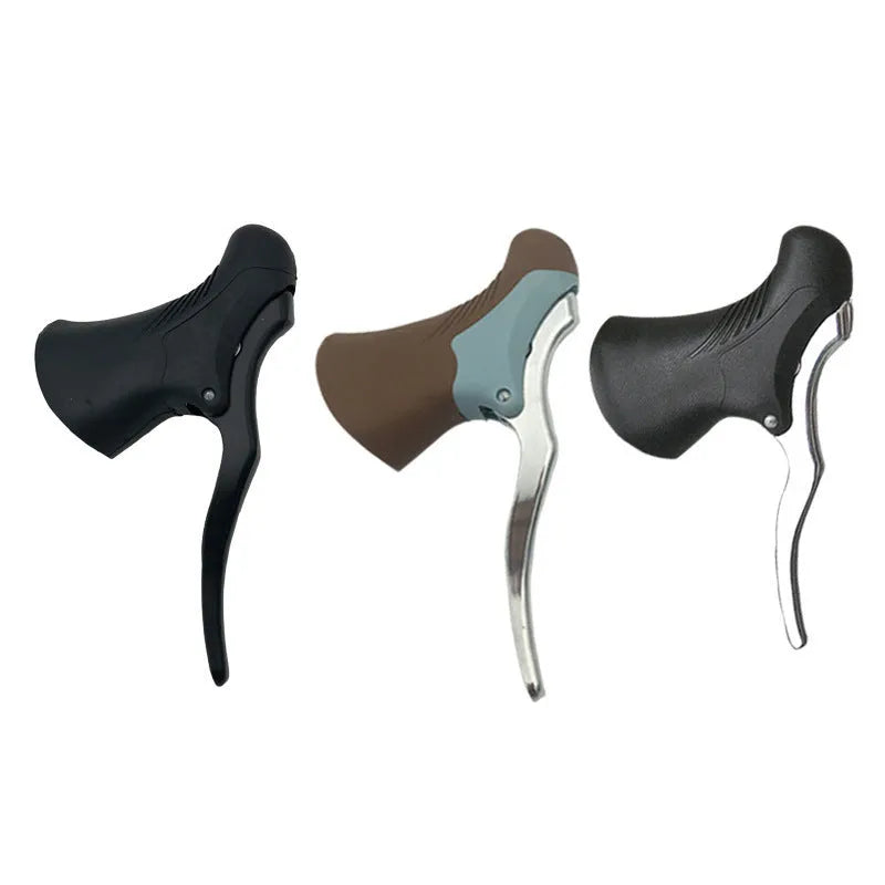 Pair of aluminium alloy road bicycle brake handles in black silver finish, showing lever and clamp.
