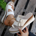 White women's woven patent leather wedge sandals with finger-fit design and peep toe.