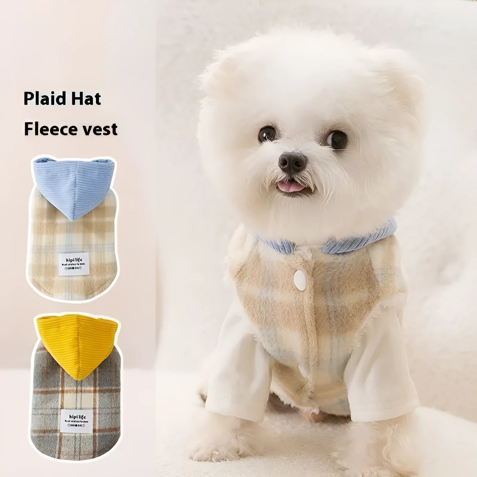 Blue corduroy chessboard grid hooded vest for dog on model showing hooded traction design