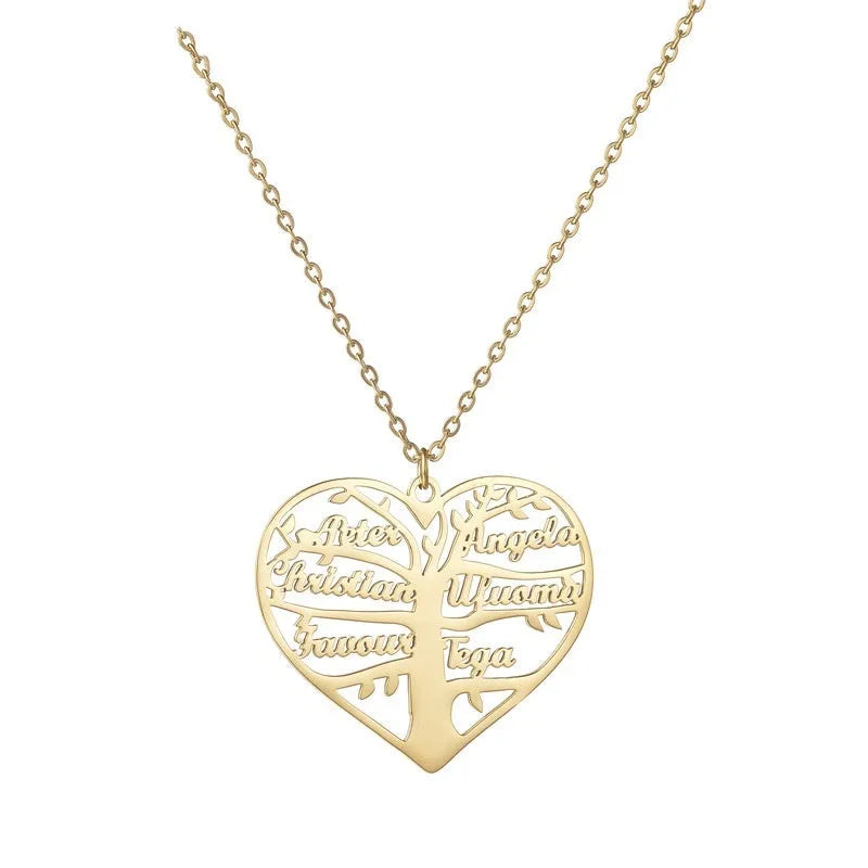 Custom engraved women's necklace with hollow heart and tree pendant on an adjustable chain.