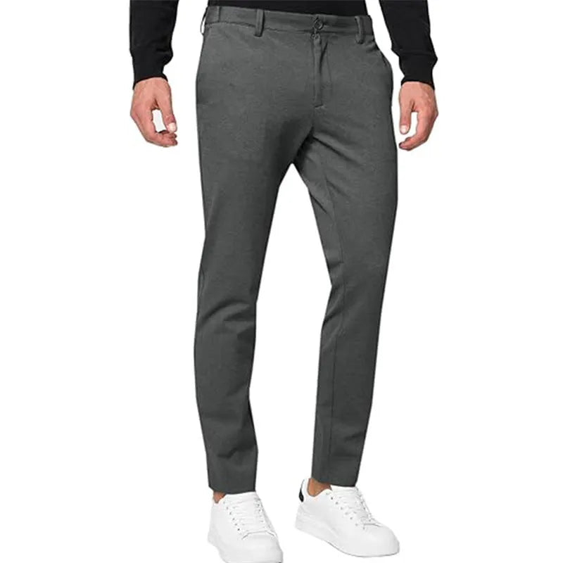 Men's slim-fit tapered chino trousers in a cotton blend fabric shown in a solid colour.