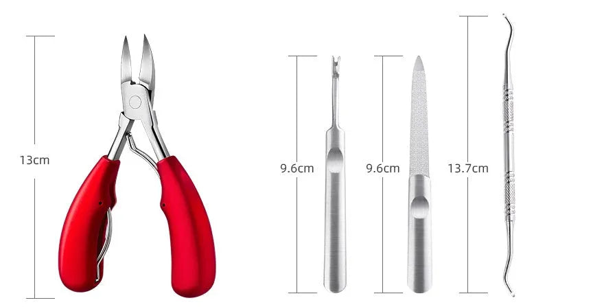 Stainless steel professional nail clipper and manicure tool set with olecranon scissors on a table