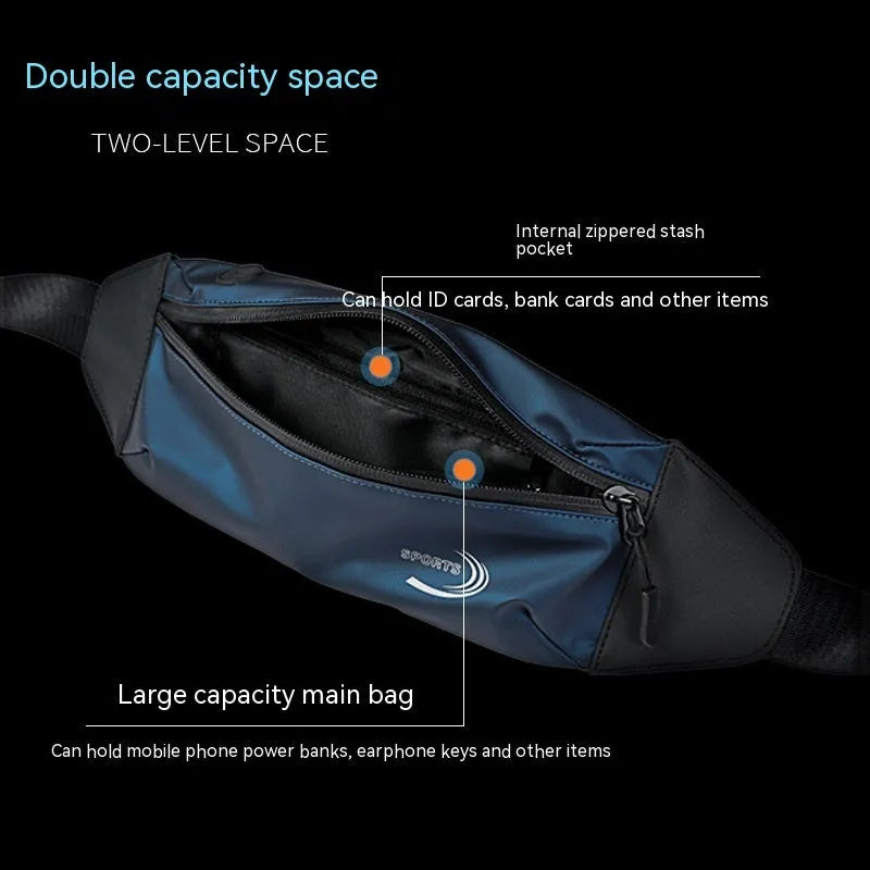 Men's black waterproof sports waist bag with adjustable strap, shown with dimensions 45cm by 10cm.