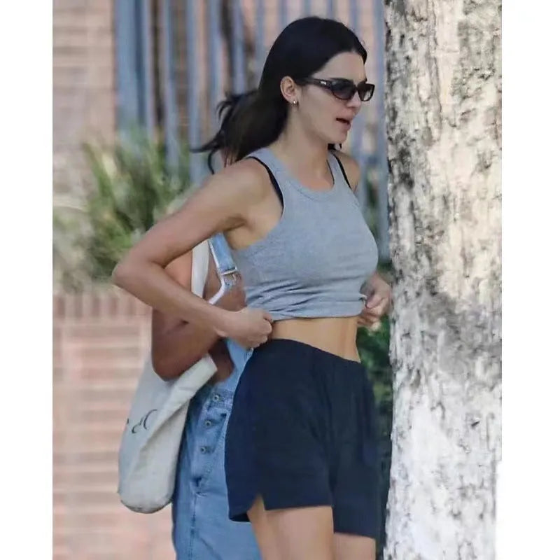 Women's cotton sports shorts with white flag embroidery in dark blue colour