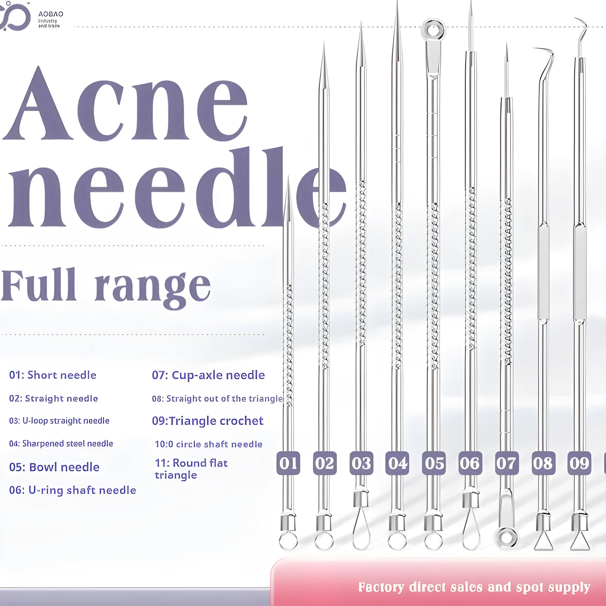 Four ultra fine metal acne needles and a metal acne clip laid out on a surface.
