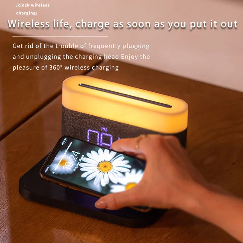Black and white wireless charging desk lamp with digital clock display and night light function