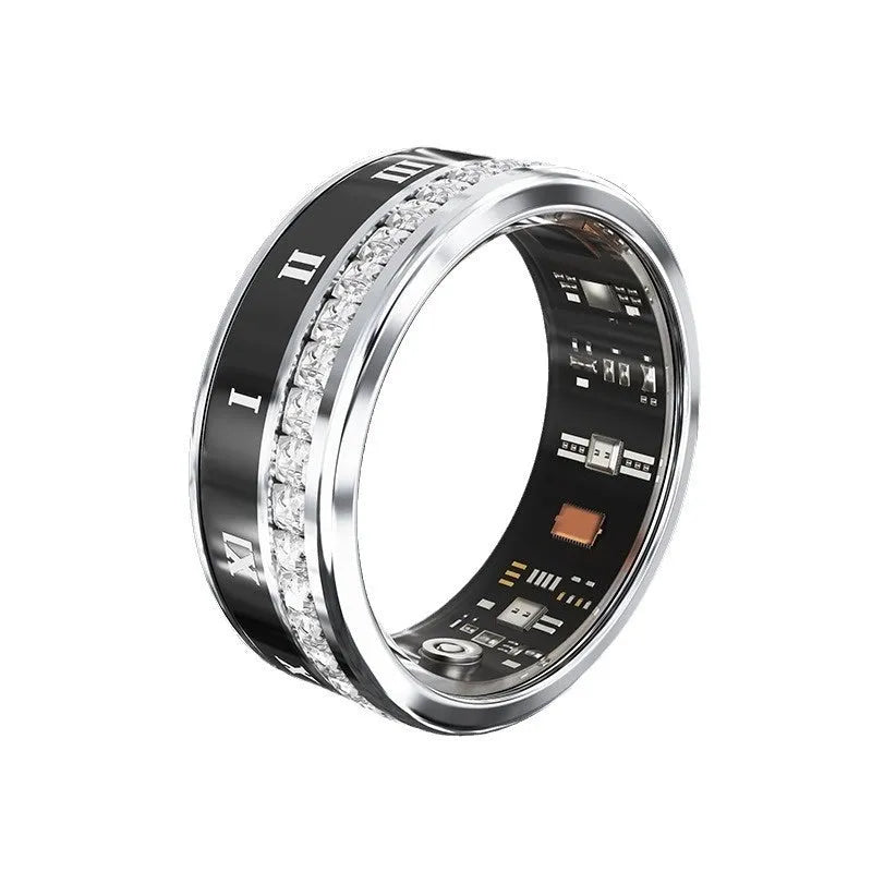 Silver and gold smart ring with health tracking features including blood oxygen monitoring