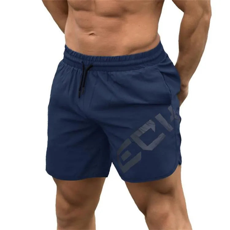 Men's black knee-length quick-dry nylon running shorts laid flat, showing mid-waist and sport design.