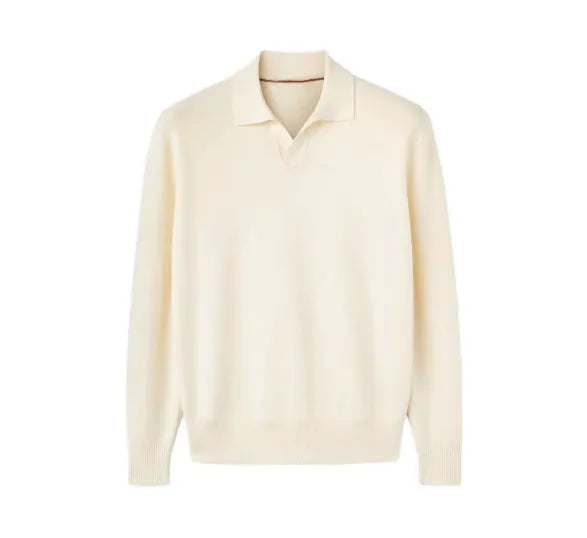 Men's pure wool polo sweater with lapel collar in milky white, loose fit casual knitwear
