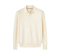 Men's pure wool polo sweater with lapel collar in milky white, loose fit casual knitwear