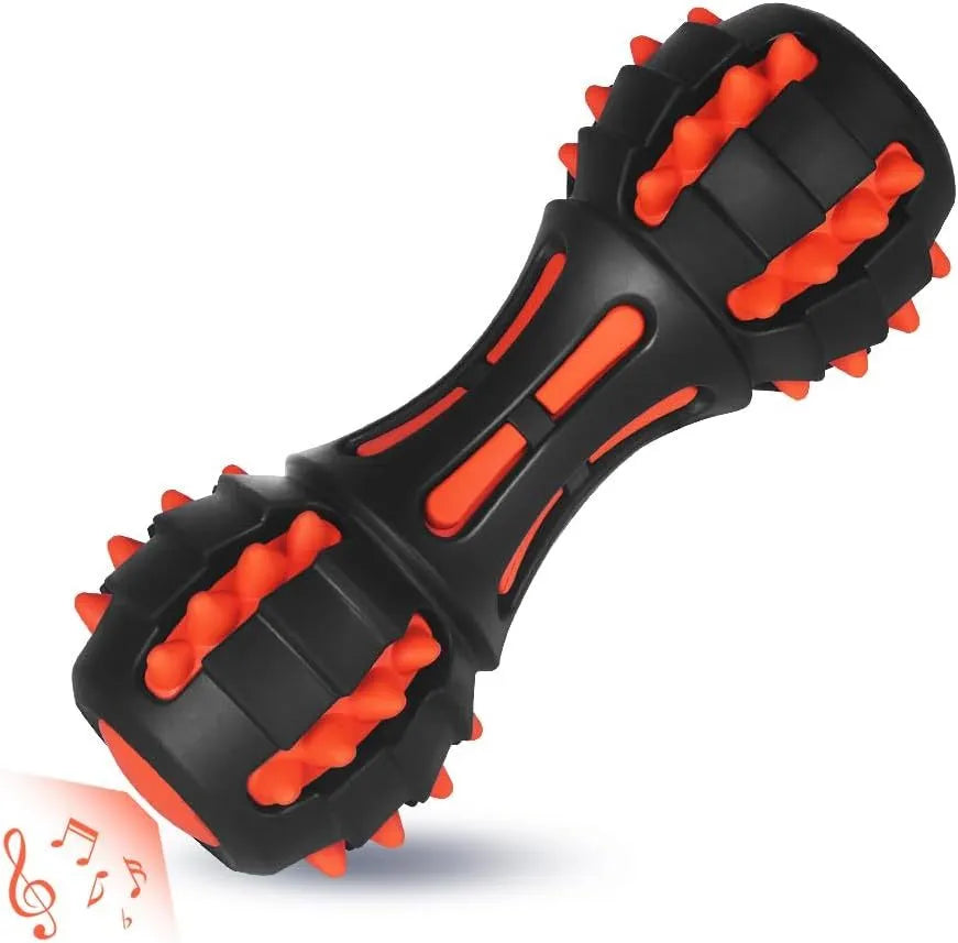Red dumbbell-shaped durable rubber dog chew toy for large breed aggressive chewers