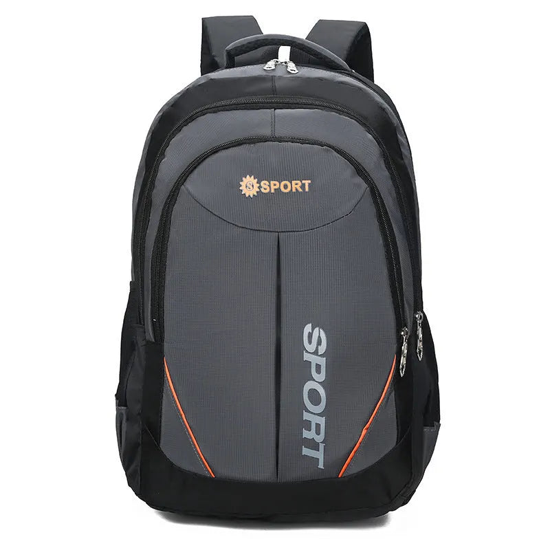 Breathable nylon backpack for men with 20-35L capacity, curved shoulder strap, and letter design in gray