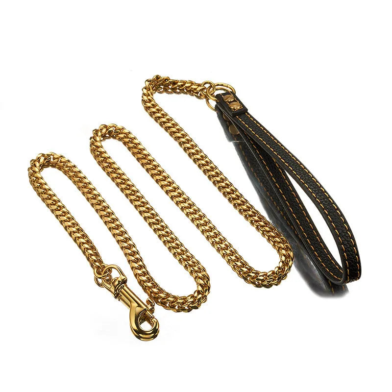 Stainless steel Cuban link chain dog hand holding rope with black leather in 10mm gold colour