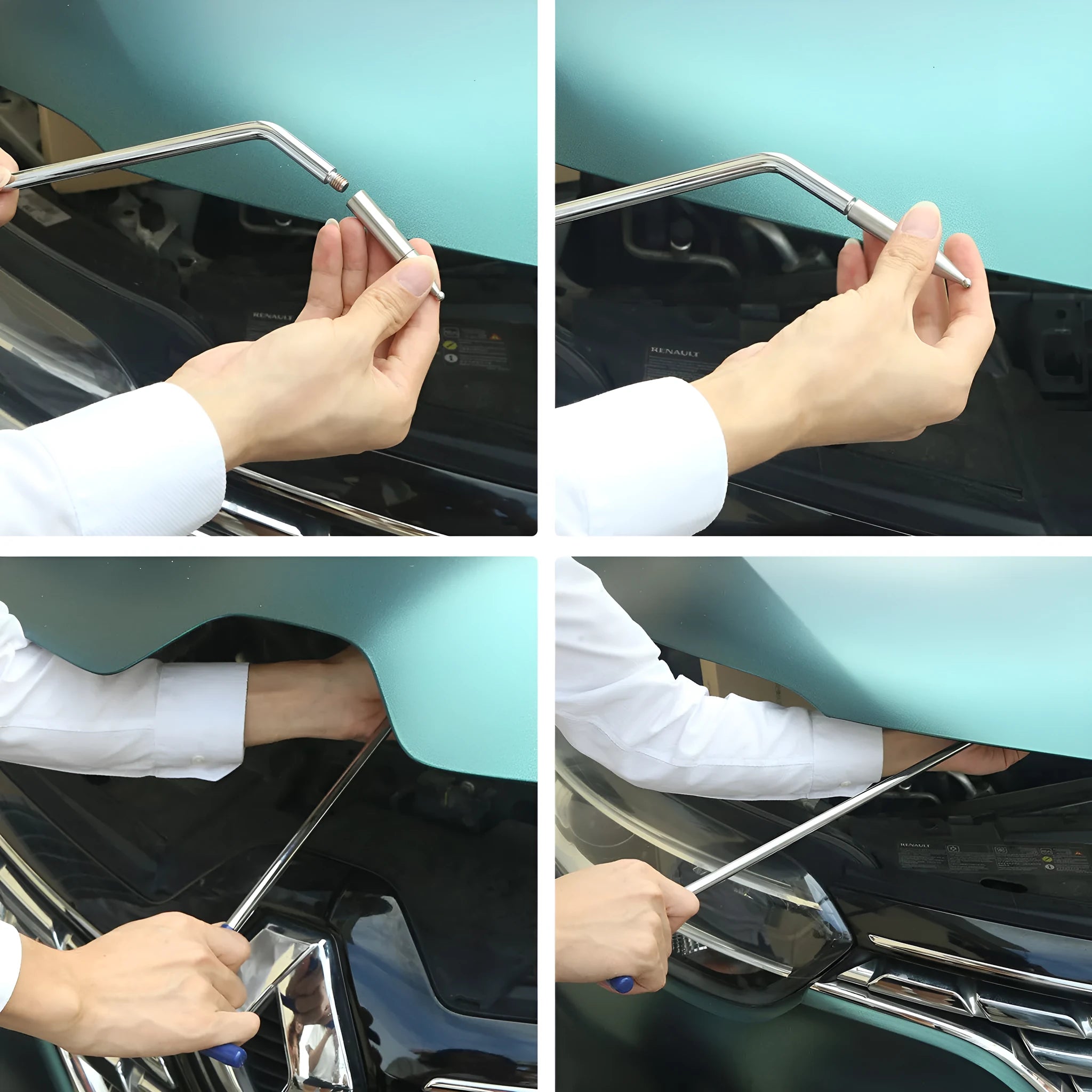 Three-piece alloy steel car dent repair tool set with hook crowbars for body panel maintenance