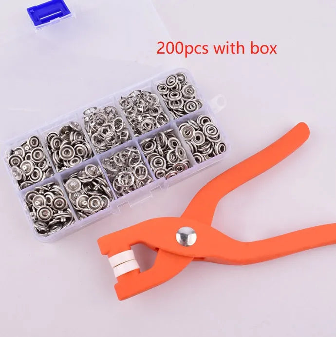 Stainless steel five claw no sew buttons and pliers tool for children's clothing.