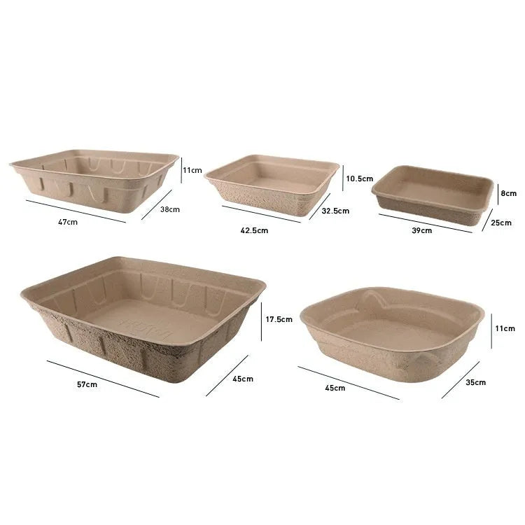 Brown disposable cat litter box showing its shallow tray shape and three available size options for small, medium, and large cats.