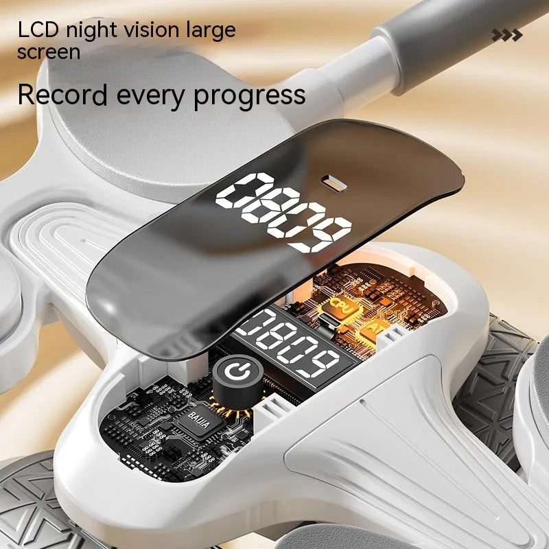 White belly contraction fitness roller with large LED timing and calorie counting screen.