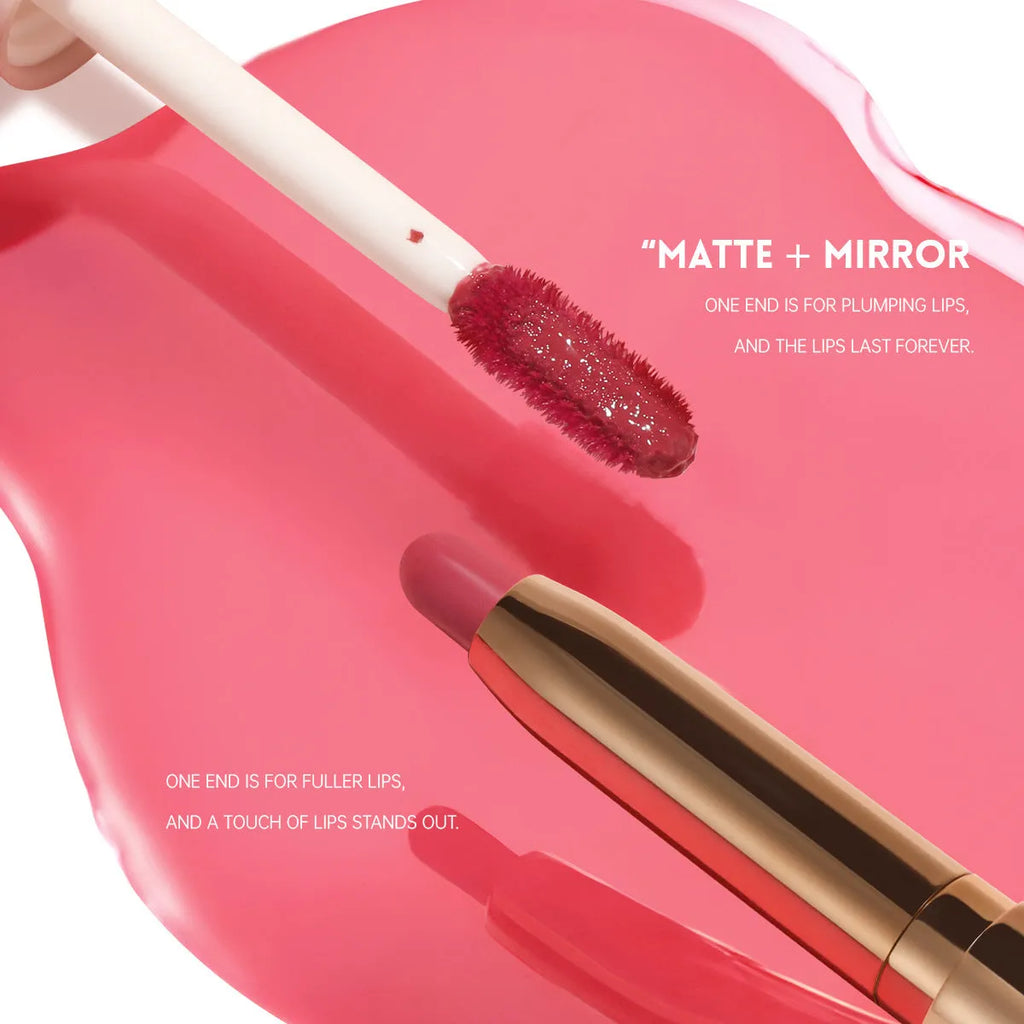 Double-headed lipstick and lip gloss in matte finish showing 10 different colour options